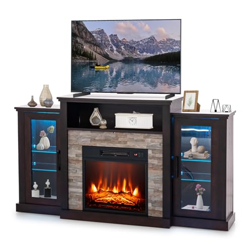 For Tvs Up To 65'', 19'' Electric Fireplace With Mantel, Entertainment Center With 16 Color Led Lights, App&remote Control, Adjustable Glass Shelves For Living Room