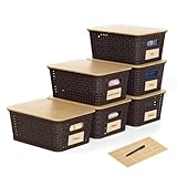Wrrlors 6 Pieces Brown Plastic Storage Baskets with Bamboo Lids with Labels Stackable Storage Containers for Organizing Shelves Drawers Desktop Closets Playroom Classroom Office
