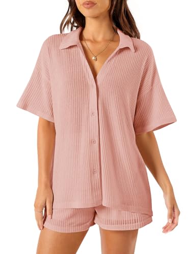 Image of Tankaneo Womens Ribbed Knit 2 Piece Pajama Sets Button Down Short Sleeve Tops and Shorts Set Summer Casual Loungewear Pink