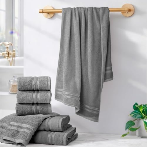 Image of 100% Cotton Terry Ultrasoft and Quick Absorbent 380 GSM Solid 6 pcs. Quick Dry Bath Towel Set for Bathroom or Gifting Towel Set (Grey)