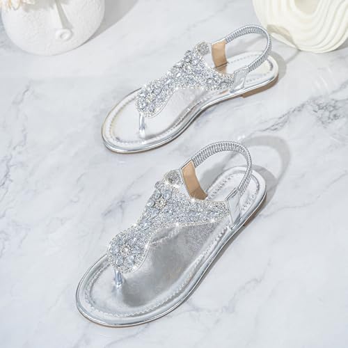 Womens Rhinestone T-Strap Flat Sandals Comfortable Slip On Round Toe Sparking Flat Flip Flops For Casual Daily Vacation Party Work4