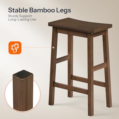 HOOBRO Bar Stools, Set of 2 Bar Chairs, Counter Height Bar Stools, Bamboo Kitchen Stools, 24 Inch Saddle Stools with Footrests, for Kitchen, Dining Room, Bar, Living Room, Mocha MA03MD01G2