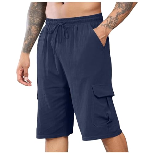 Pantalones Cortos de Lino para Hombre con Cintura Elástica y Ajuste Clásico para Verano y Playa