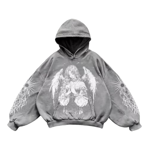 Pull à capuche pour homme de style grunge et y2k ample imprimé anime vintage noir taille XL