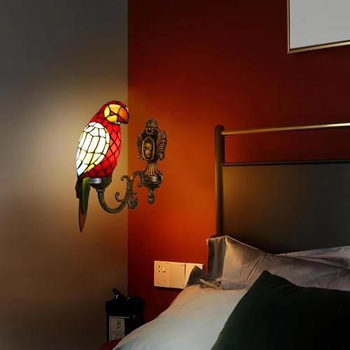 Image of Parrot Tiffany Wall Sconce Handmade Stained Glass with LED Bulb | Handmade parrot stained glass Tiffany wall sconce, vintage style, 1 light, LED bulb for living room bedroom hallway