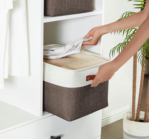 Image of DECOMOMO Storage Bins, Large Fabric Storage Baskets for Shelves, Decorative Linen Closet Organizer, 15 x 11 x 9.5 inches (Brown & White, 3 Pack)