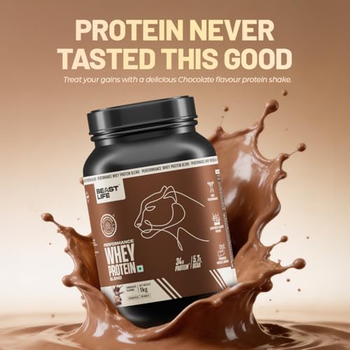 Image of BeastLife Performance Whey Protein Blend | 34g Protein | 5.7g BCAA | 1Kg | Chocolate | Muscle Growth & Recovery | Easy to Digest with Ultrasorb Tech | Smooth & Easy to Mix | Contains Whey Protein Concentrate & Yeast Protein