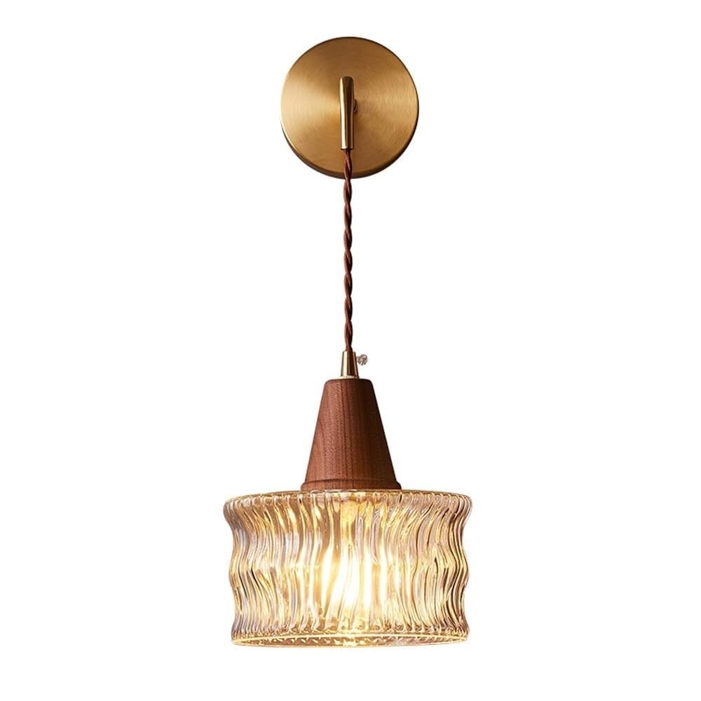 CWCQGH Elegant Bedside Wall Lamp Modern Cylinder Transparent Glass Wall Light Ripple Stripe Finish, Wabi Sabi Walnut Wood Hanging Wire Wall Sconce Nordic Retro Brushed Brass Wall Mounted Lamp