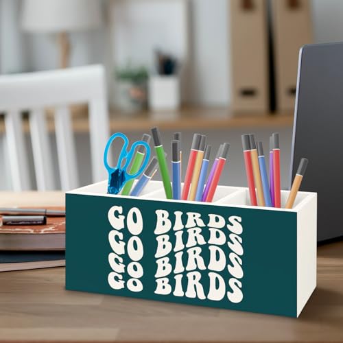 Image of Football Fan Gifts Green Wooden Pen Pencil Holder for Office Desk Accessories, Gifts for Football Lovers Players, Go Birds Makeup Brush Toothbrush Holder Organizer