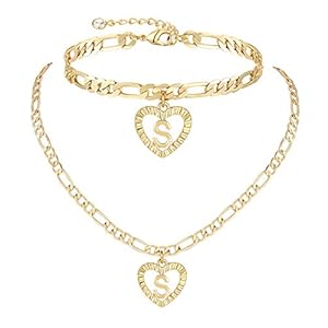 YANODA Gold Initial Pendant Necklace Anklet Bracelet for Women 14K Gold Plated Figaro Chain Letter Initial Heart Necklace Anklets Alphabet Foot Jewelry Personalized Jewelry for Women