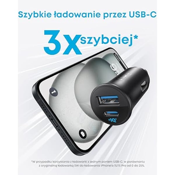 Anker ładowarka samochodowa USB-C 30 W 2 porty PowerIQ 3.0 Ładowarka samochodowa Anker USB-C 30 W 2 porty PowerIQ 3.0 szybkie ładowanie iPhone Samsung Pixel