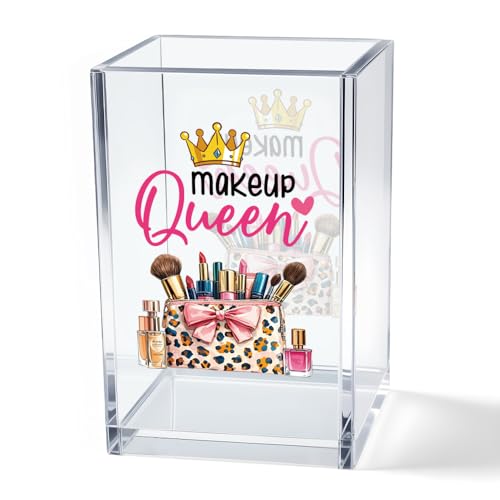 Image of Makeup Queen Acrylic Makeup Brush Organizer Holder, Makeup Queen Desk Acrylic Brushes Storage, Christmas Birthday Gifts for Women Mom Sister Colleague Boss Lady Make Up Artist