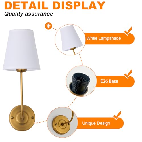 Image of PASSICA DECOR Hardwired Wall Sconces Set of 2 Vintage Industrial Wall Lamp Light Fixture with Flared White Fabric Shade for Living Room Bedrooms Bedside Reading Fireplace Farmhouse