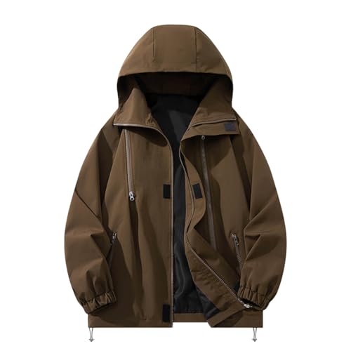 Rain Jacket Mens Waterproof with Hood Long Sleeve Solid Color Fashion Outdoor Jackets Casual Loose Zipper Raincoat Coffee X-Large