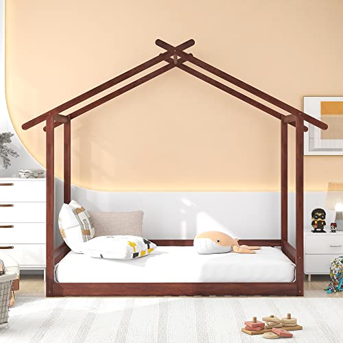 Aocoroe House Bed Frame Twin/King Bed Frame For Boys And Girls, Wood Extending Twin To King Extendable Playhouse-Design Montessori Floor Bed Platform Bed Frame With Trundle #TOP2