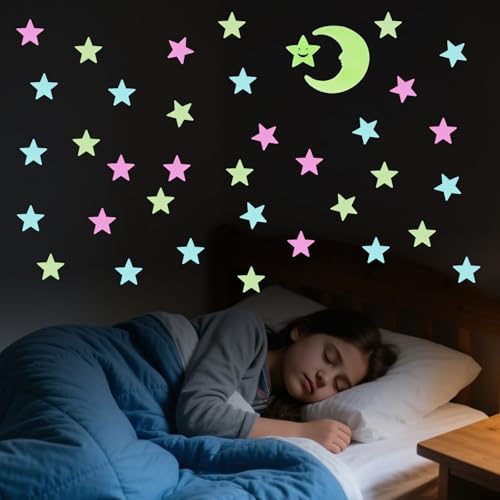 102 Pcs Glow in The Dark Star Stickers, Colorful Glow 100 Stars 1 Moon 1 Smiling Star with Adhesive Tape, Ceiling & Wall Decals Decor for Kids Boys Nursery Bedroom Living Room