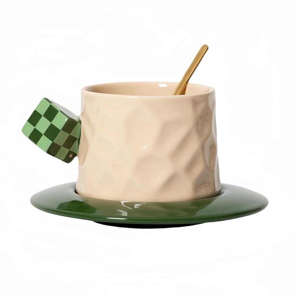 DOIAESKV Coffee Mug Ceramics 10 OZ, Latte Art Cup Tea Cup With With Colorful Cube Handle,Reusable Water Bottle Breakfast Cup For Drinking (Green)