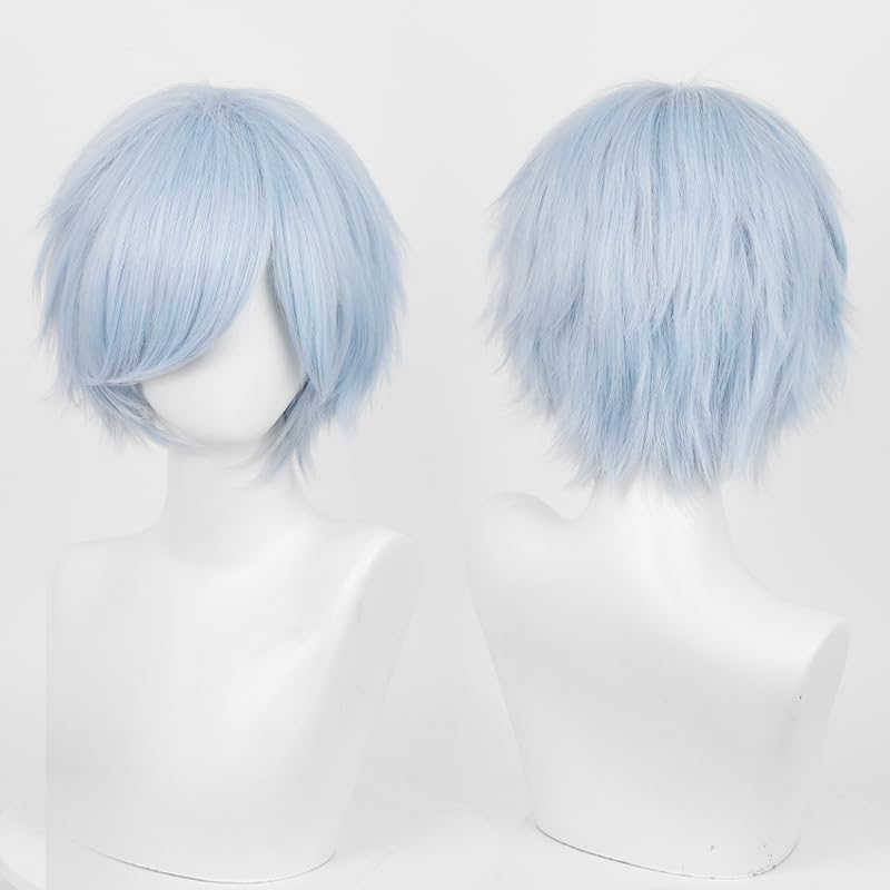Image of LABEAUTE Unisex Short Light Blue Cosplay Wig Male Man Woman With Bangs Anime Fluffy Cosplay Hair Wigs for Party and Halloween for Gift + Free Cap