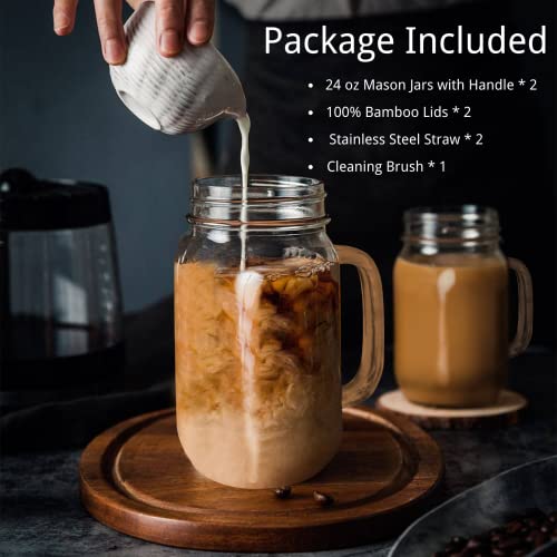 Fenspeed 2Pcs Mason Jars With Lids And Straws Mason Jar With Handle Mason Jar Mugs Glass Cups Drinking Glasses Set 24Oz Iced Coffee Glasses Tumbler Cup For Boba Smoothie Juice #TOP2