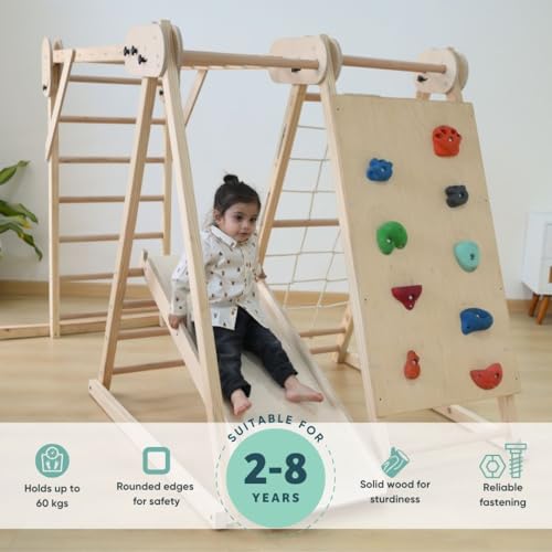 Image of Curious Cub Foldable Jungle Gym for Kids Indoor | Jungle Gym for Kids with Slide,Net Climbing,Rock Climbing, Hanging Bars & Ladder | 5 in 1 Kid Home Play Set | Montessori Toys 1.5 to 7 Years