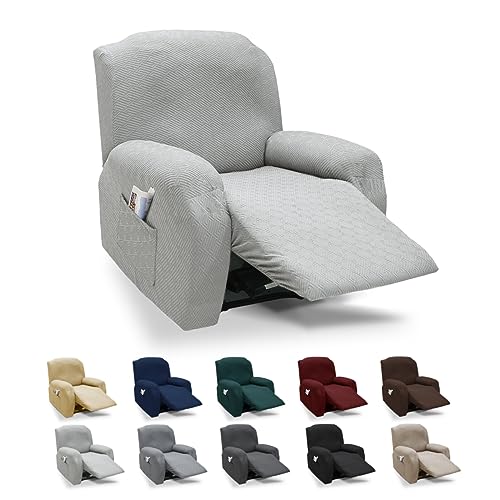 XINEAGE 4-Piece Recliner Cover Stretch Jacquard Slipcover with Pocket, Washable Recliner Chair Protector for Kids, Pets, Dogs, Cats (Silver Grey)