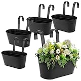 HAKZEON 5 Pack 10.6 Inch Metal Hanging Flower Pots with Drainage Hooks - Iron Railing Planters for Outdoor Porch Balcony Fence Decor (Black)