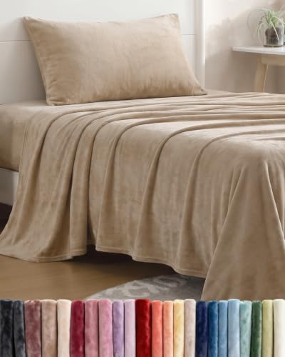 Image of Fleece Sheets Twin Size Set - 3-Piece Velvet Flannel Sheet Set - Oxford Tan