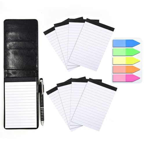 Bloc Note A7 Complet avec 8 Recharges et Stylo Inclus, Petit Carnet de Notes de Poche en Cuir PU Noir, Mini Carnet Pratique avec 100 Marque-Pages pour Bureau École et Usage Quotidien, Calepin A7