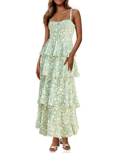 Wenrine Womens Summer Floral Maxi Dresses Sleeveless Spaghetti Strap Tie Back Ruffle Tiered Flowy Dresses