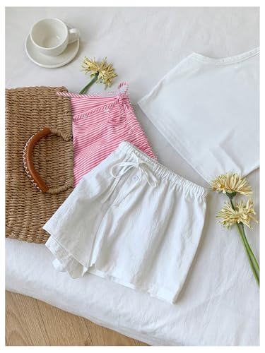 Image of MakeMeChic Women's 2 Pack Linen Shorts Striped Gingham Summer Beach Pajama Boxer Shorts
