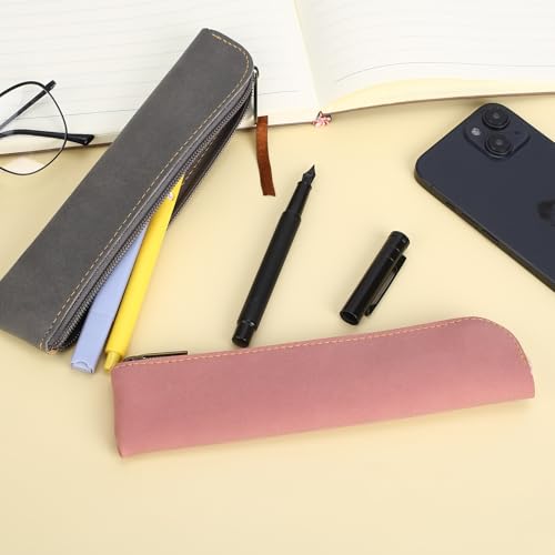 Image of Leather Pencil Case, 2 Pcs Slim Design Small Pen Pouch, Portable Cosmetic Bag for Purse with Zipper, Flat Soft Simple Makeup Bag Lipstick Case for Women, Office, Travel, Outdoor (Grey, Pink)