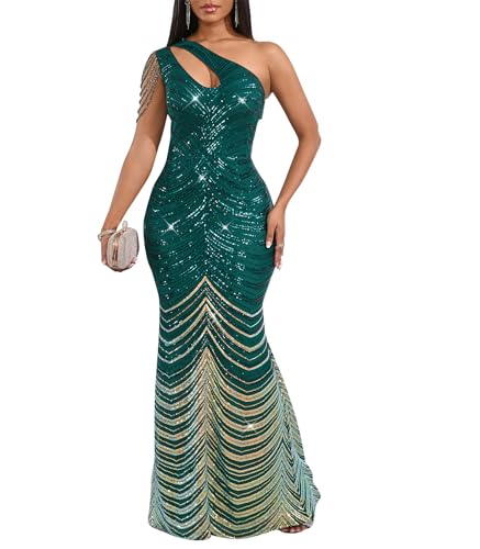 Image of Cololura Women Sequin Elegant Sexy One Shoulder Tassel Mermaid Bodycon Cocktail Evening Dress
