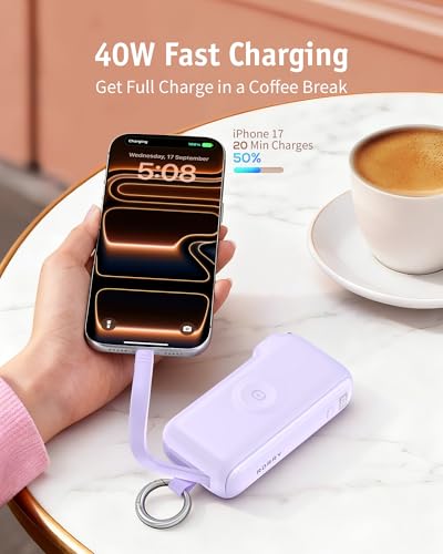 Image of RORRY Flow Portable Charger 10000mAh 40W Wall Plug Power Bank Battery Pack | Built-in USB-C Cable, Keychain Design, Fast Charging, for iPhone 17 /16 /15, Apple Watch, iPad, 3-in-1, Travel Essential