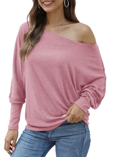 Image of Aifer Women's Off The Shoulder Tops Sexy Long Sleeve Shirts Oversized Fashion Casual Batwing Sweaters Pullover Tunic Tops