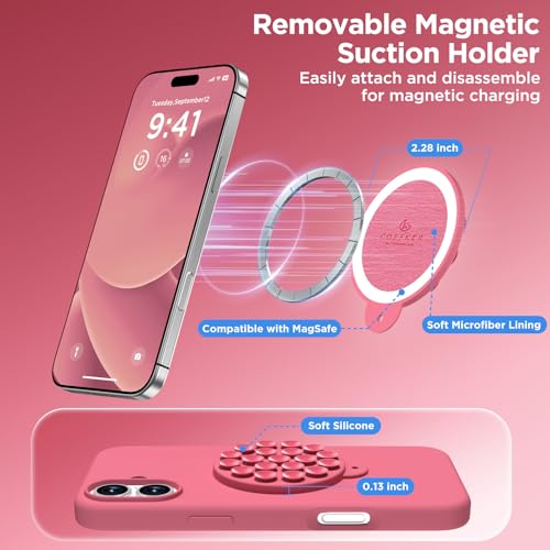 Image of Magnetic for iPhone 16 Case, Compatible with Magsafe, Suction Cup Phone Mount, [2 Screen Protectors][Camera Lens Protector] Silicone Shockproof Protective Slim Phone Cover 6.1 inch, Camellia Red