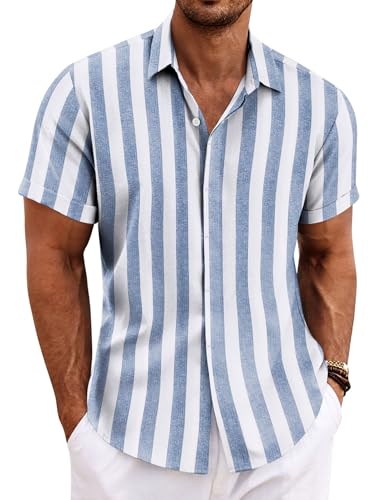COOFANDY Men's Blue-White Stripe Button Down Shirt Short Sleeve Summer Shirt Casual Shirts for Men Fashion Vacation