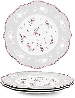 fanquare 20.8cm Porcelain Dessert Appetizer Plates, Pink Rose Floral Side Plates Set of 4, Gold Rimmed Dinner Service for Housewarming Gifts