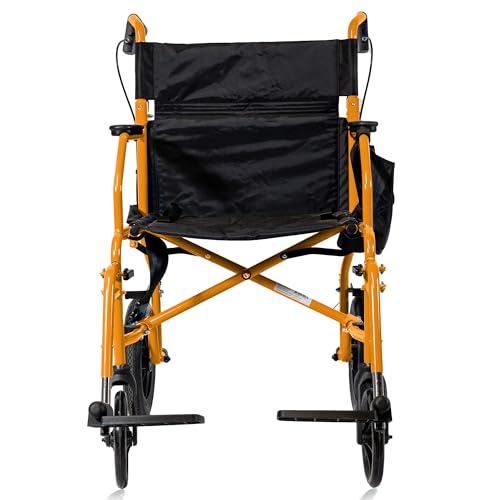 Platinum Health Hummingbird™ Ultra-Lightweight Foldable Transport Wheelchair, Handbrakes,12-Inch Rear Wheels, Extra-Wide Seat. Convenient Table-Length Padded Armrests. (Sunset Orange)