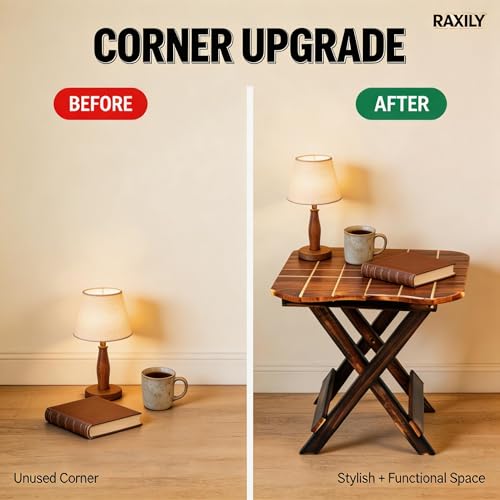 Image of Wooden Folding Side Table, Mango Wood, Square, 30 cm | Coffee Table for Living Room, Foldable Corner Table for Bedroom, Antique Finish
