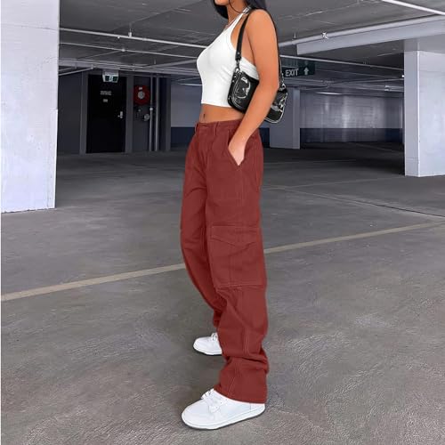 Image of Lepunuo Cargo Pants for Women High Waisted Casual Pants Baggy Stretchy Wide Leg Y2K Streetwear with 6 Pockets