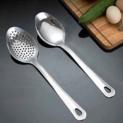 Iocbyhz Cooking Spoon Set, 2Pcs 14.7" Stainless Steel Large Serving Spoons, Solid Spoon & Slotted Spoon For Restaurant, Large Metal Tablespoon, Basting Spoon Perforated Spoon Metal Kitchen Utensils #TOP3