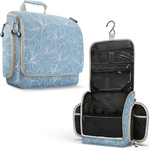 Image of VENTURE 4TH Hanging Travel Toiletry Bag, 17 Compartments - Blue Flowers | Hangs on rails, hooks or doors; stands upright too. Removable TSA pouch. Water-resistant 900D Nylon, reinforced stitching.