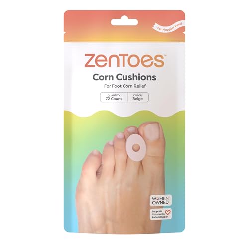 ZenToes Waterproof Corn Pads for Toes, Flexible, Skin-Safe Adhesive Corn Cushions, Thick Latex-Based Callus Cushions for Sensitive Skin, 72 Count