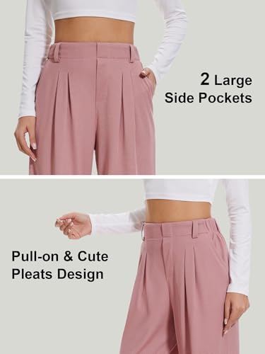 AVAMO High Waisted Slacks for Women Elastic Business Casual Pants Stretchy Work Pants with Pockets Wide Leg Waffle Pink S3