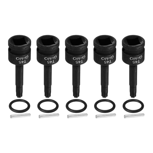 sourcing map 5pcs 1/2" Drive Torx Bit Socket T45 Impact 6 Point Star Bit Sockets CR-MO Steel with Cotter Pin and O-Ring for Power Drill Drivers Garage Workshop Adapter