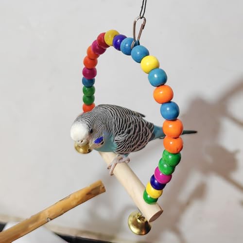 Image of WishLotus Bird Toy, Bird Swing Toy with Perch Stand and Bell, Natural Wooden Colorful Bird Toy for Small Sized Birds Budgie Parakeet Cockatiel Cockatoo (Colorful)