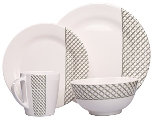 Hekers Diamond Ivory White/Grey Round 4-Piece Melamine Tableware Set for 1 Person Camping Outdoor Garden Picnic