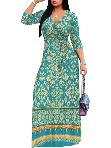 Image of Women's V Neck Floral Maxi Dress 3 /4 Sleeve Plus Size Boho Wrap Flowy Long Dresses with Belt