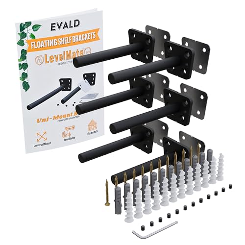 EVALD LevelMate™ Uni-Mount 4 Inch Floating Shelf Brackets, Hidden Shelf Brackets with Anti-Sag Pinol Screw System, Floating Shelf Mount with Screws & Anchors (6 Pack)