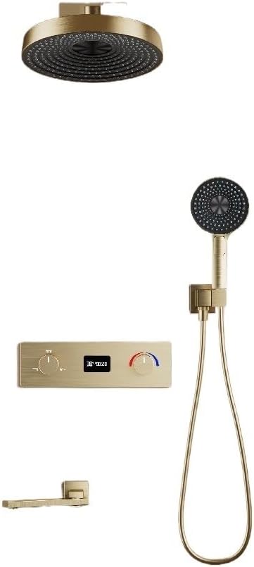 BUDAY In-Wall Thermostatic Shower Faucet Set: Grey-Black, Rainfall + Handheld Showers, Temperature-Controlled Mixer for Bath(Brushed gold)
